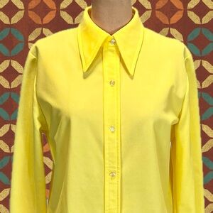 VINTAGE 70s sunshine‎ lemon yellow button down shirt pointed dagger disco collar